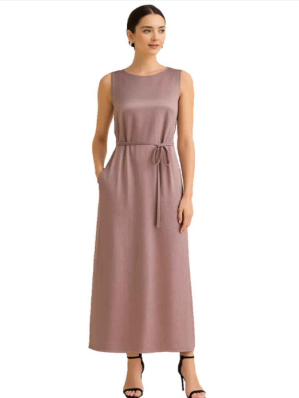 NEW Easel Small Rose Gold Maxi Dress Sleeveless Satin Tie Waist Pockets Keyhole